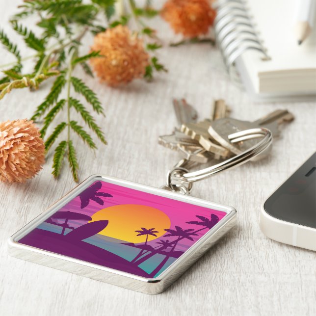 Porte-clés Plage de surf de coucher de soleil violet (Côté)