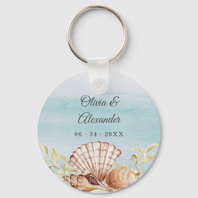 Porte-clés Plage Océan Aquarelle Coquillages Mariage Favorise (Recto)