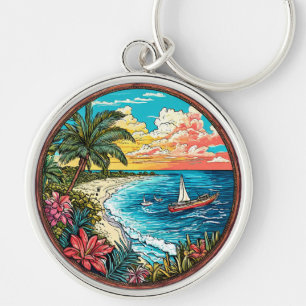 Porte-clés Plage tropicale panoramique avec voiliers