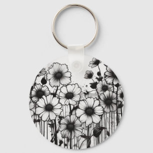Porte-clés Plaque d'encre florale monochromatique