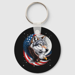 Porte-clés Pleine lune du drapeau américain Wolf Bald Eagle N