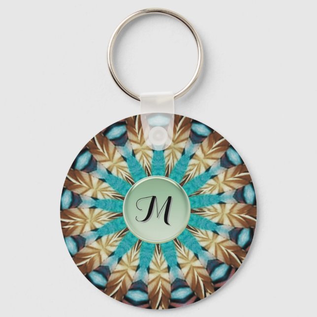 Porte-clés Plumes Turquoise, marron, bleu et vert Mandala (Verso)