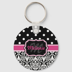 Porte-clés Point de Polka noir rose chaud