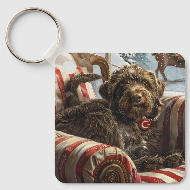 Porte-clés Pointeur à poils durs Griffon Chien Festif de Noël (Recto)