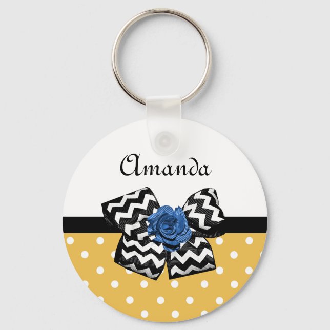 Porte-clés Points Jaunes Bleus Rose Chevron Bow avec nom (Recto)