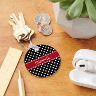 Porte-clés Points noirs et blancs Monogramme de nom Cranberry