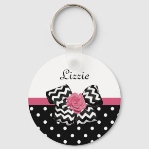 Porte-clés Points noirs mignons Rose rose Chevron Bow et nom