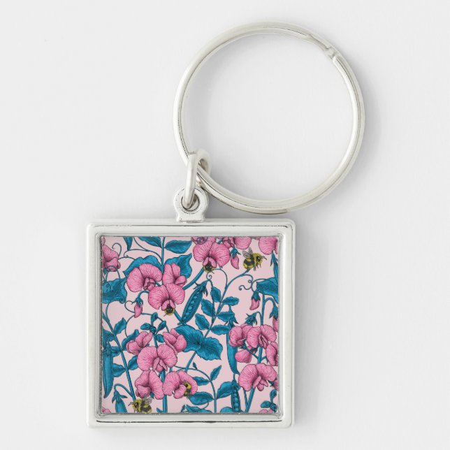 Porte-clés Pois doux et bourdons, rose et bleu (Devant)