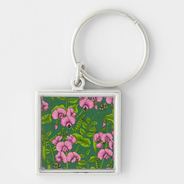 Porte-clés Pois doux et bourdons, vert et rose (Devant)