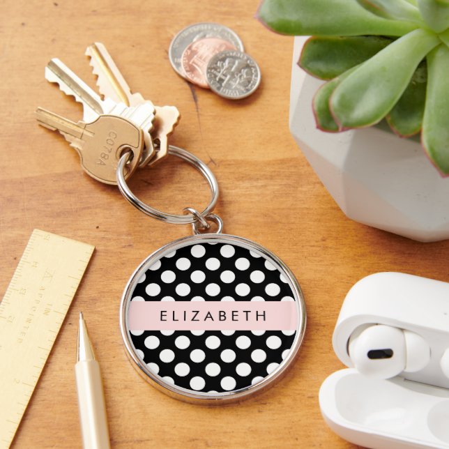 Porte-clés Pois noirs et blancs, pointillés, Votre nom (Bureau)