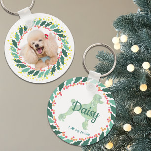 Porte-clés Poodle rose pastel de Noël Photo person
