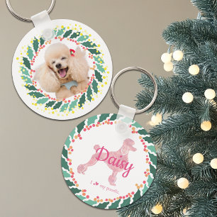 Porte-clés Poodle rose pastel de Noël Photo person