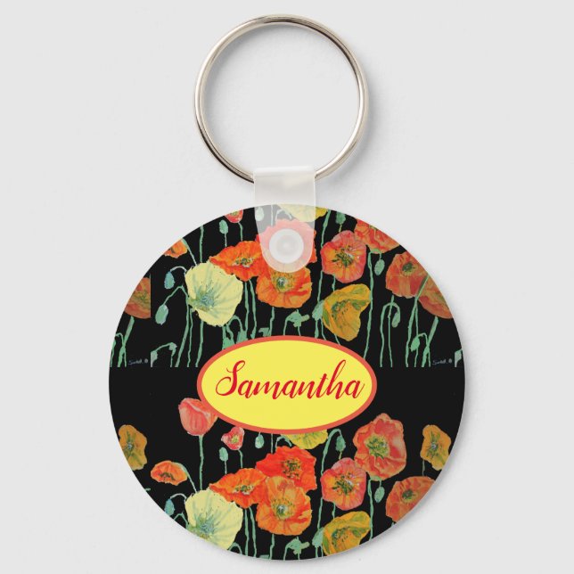 Porte-clés Poppies Orange Jaunes Floral Aqua Poppy Girls Nom (Recto)