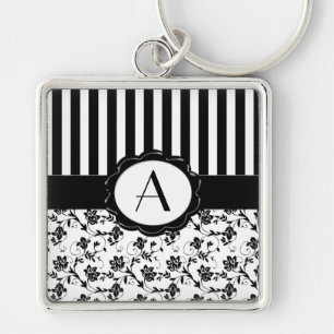 Porte-clés Porte - clé de monogramme à rayures florales noir 