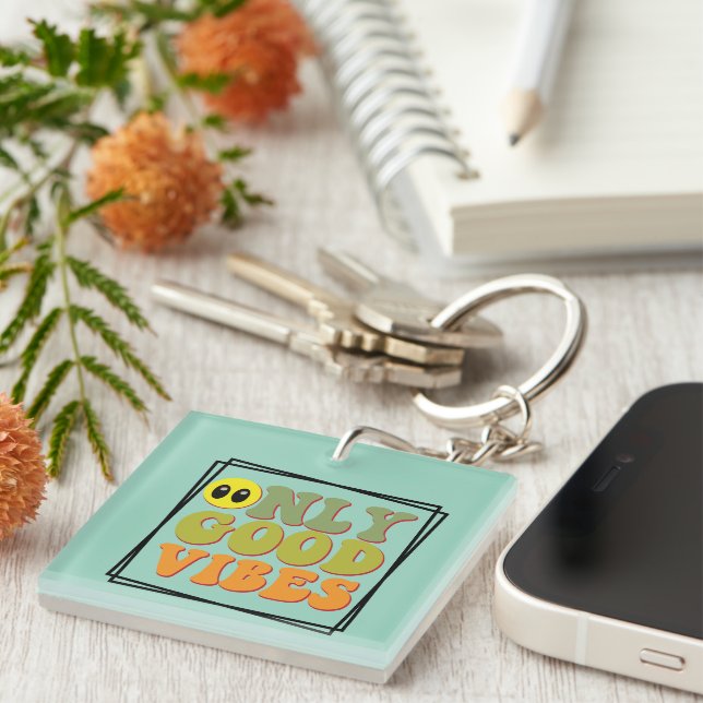 Porte-clés Porte - clé Good Vibes Wordart Inspiration uniquem (Devant Droit)