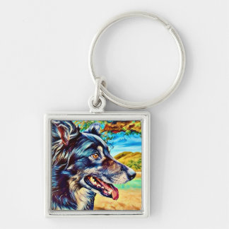 Porte-clés Portrait Artistique de Border Collie Paysage Scéni