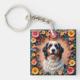 Porte-clés 🐶 Portrait Floral de Chien Fluffy pour les Amoure