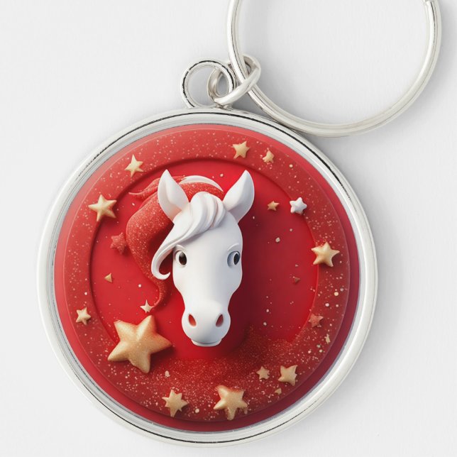 Porte-clés Portrait géométrique de cheval en rouge et blanc v (Devant)