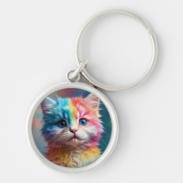 Porte-clés Potrait de chaton couleur arc-en-ciel (Devant)