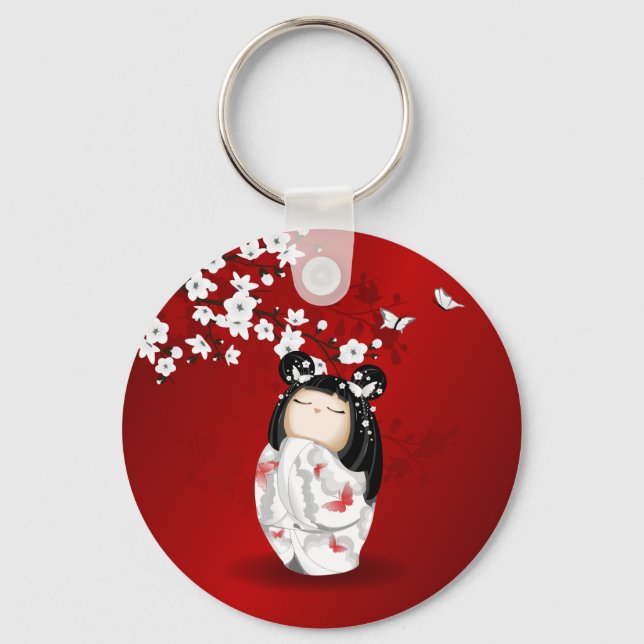 Porte-clés Poupée Kokeshi Rouge Noir Blanc Cerisier Fleurs (Recto)