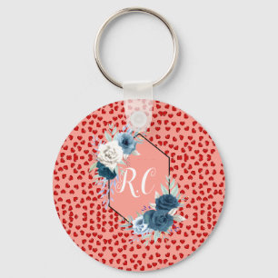 Porte-clés Poussière bleue élégante florale & Cœurs rouges Mo