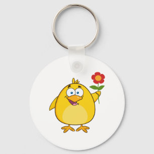 Porte-clés Poussin de dessin animé jaune mignon avec fleur