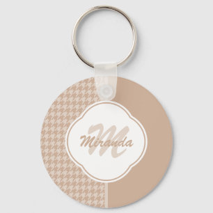 Porte-clés Preppy Beige et Tan Houndstooth Monogramme et nom