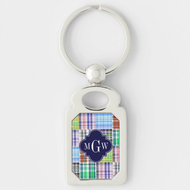 Porte-clés Preppy Patchwork Madras Navy Quatrefoil Monogramme (Devant)