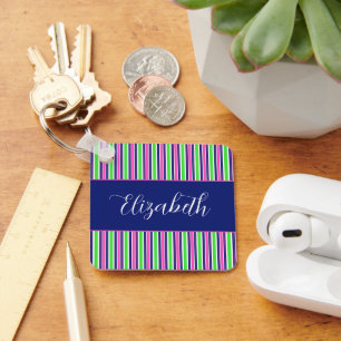 Porte-clés Preppy Rose Green Navy Bleu Stripes Personnalisé