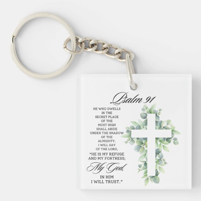 Porte-clés Psalm 91:1-2 Religious Cross Greenery Bible Verse (Devant)