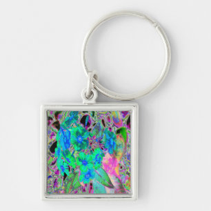 Porte-clés Psychedelic Trippy Lime Green and Blue Flowers