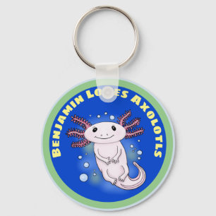 Porte-clés Pur axolotl rose sur bulles bleues dessin animé an