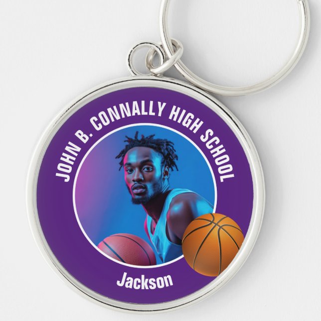 Porte-clés Purple Basketball Player Photo High School Spirit (Devant)