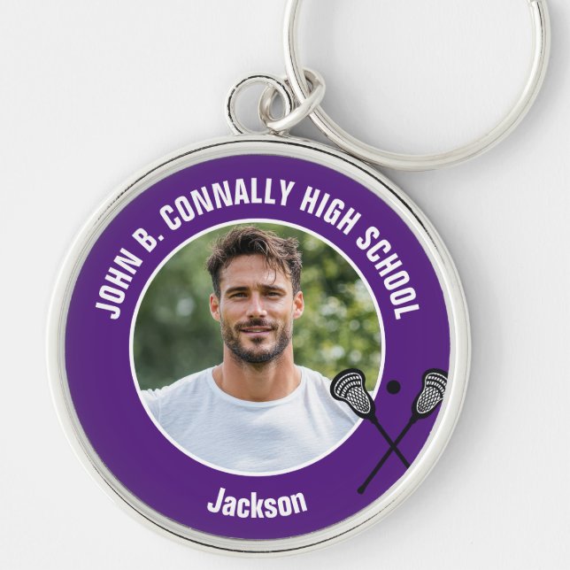 Porte-clés Purple Lacrosse Player Photo High School Spirit (Devant)