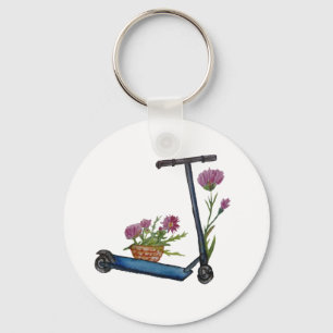 Porte-clés Push Scooter & Fleurs Aquarelle Bouton Bouton Clé