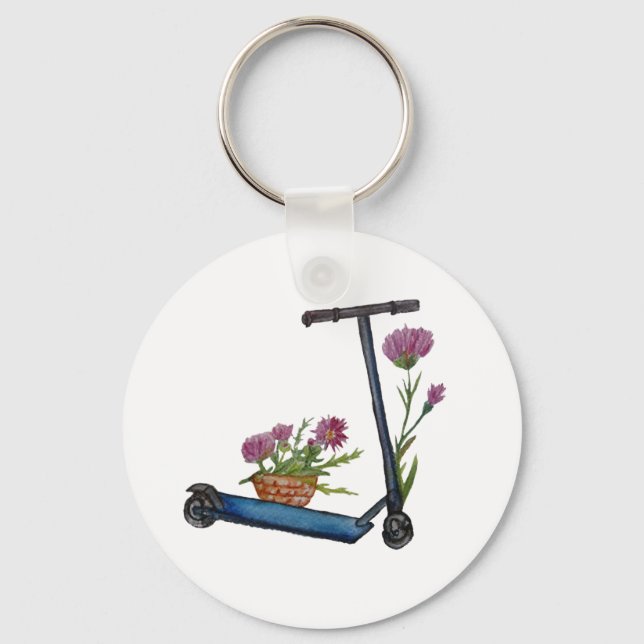 Porte-clés Push Scooter & Fleurs Aquarelle Bouton Bouton Clé  (Recto)