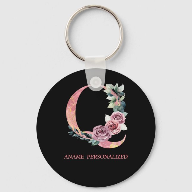 Porte-clés Q Floral Monogramme Nom Lettres Pink Agate Porte - (Recto)