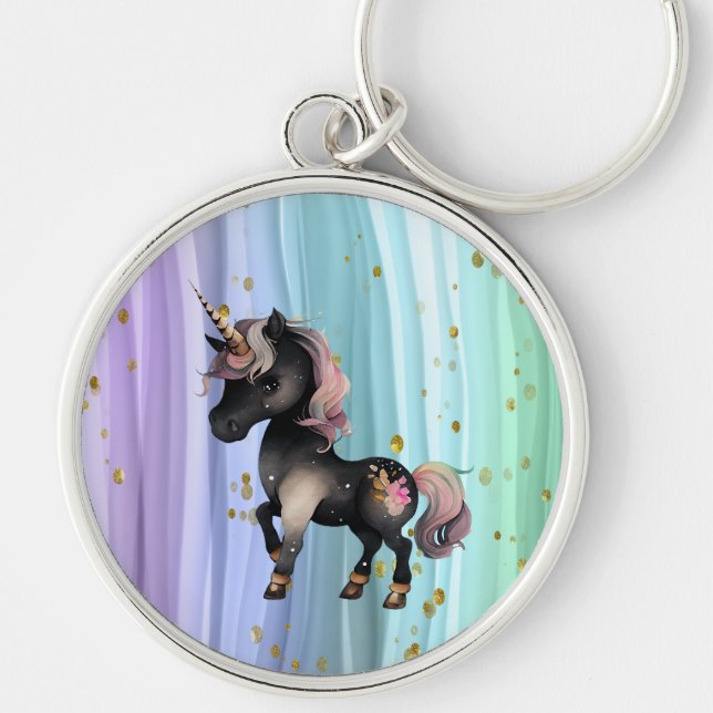 Porte-clés Queue noire Unicorne violette rose (Devant)