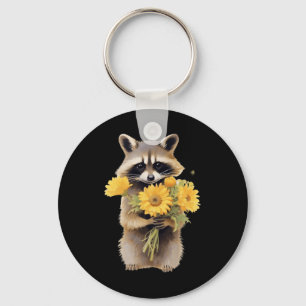 Porte-clés Raccoon tenant tournesol mignonne Fleur Fleur Fête