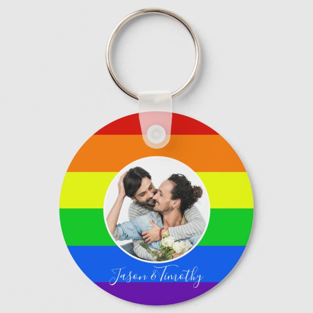 Porte-clés Rainbow Custom Couple Photo LGBTQ Anniversaire Cad (Recto)
