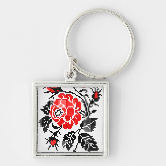 Porte-clés Red & Black Rose cross-stitch Russian Pattern (Devant)