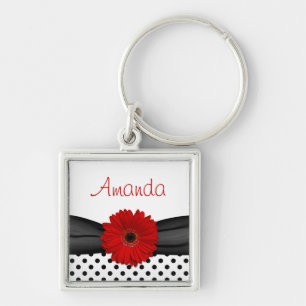 Porte-clés Red Gerbera Daisy Polka Dot Nom personnalisé Porte