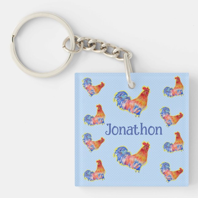 Porte-clés Red Rooster Chickens Boys Joyeux Anniversaire Nom (Devant)