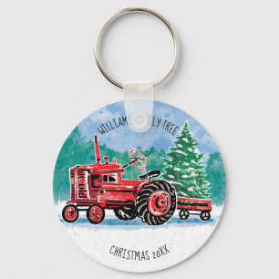 Porte-clés Red Vintage Tractor Christmas Tree Add Name