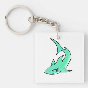 Porte-clés requin souriant de dessin animé bleu vert océan an