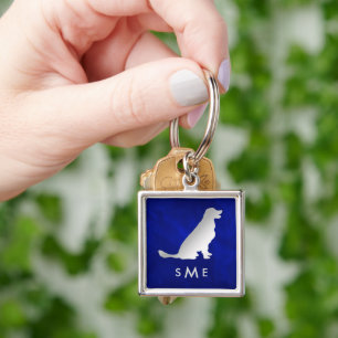 Porte-clés Rétrieur doré en argent bleu monogramme