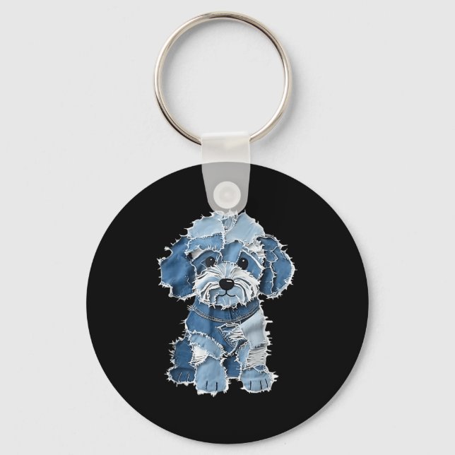 Porte-clés Retro Denim Chien Patch, Funny Shabby Blue Jean Pu (Recto)