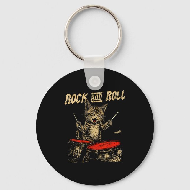 Porte-clés Rock And Roll Funny Cat Playing Drum For Men Women (Recto)