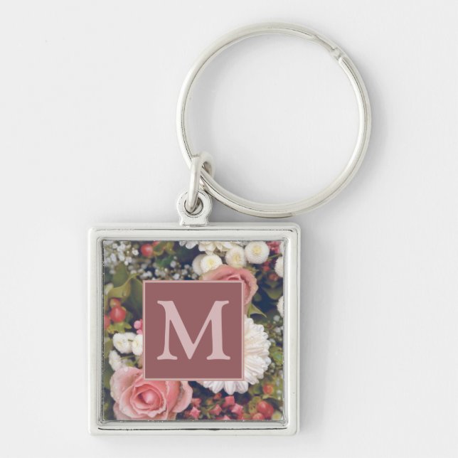 Porte-clés Romantique Roses Rose Bouquet de fleurs Monogramme (Devant)
