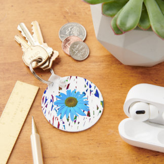Porte-clés rond graphique abstrait Blue Daisy
